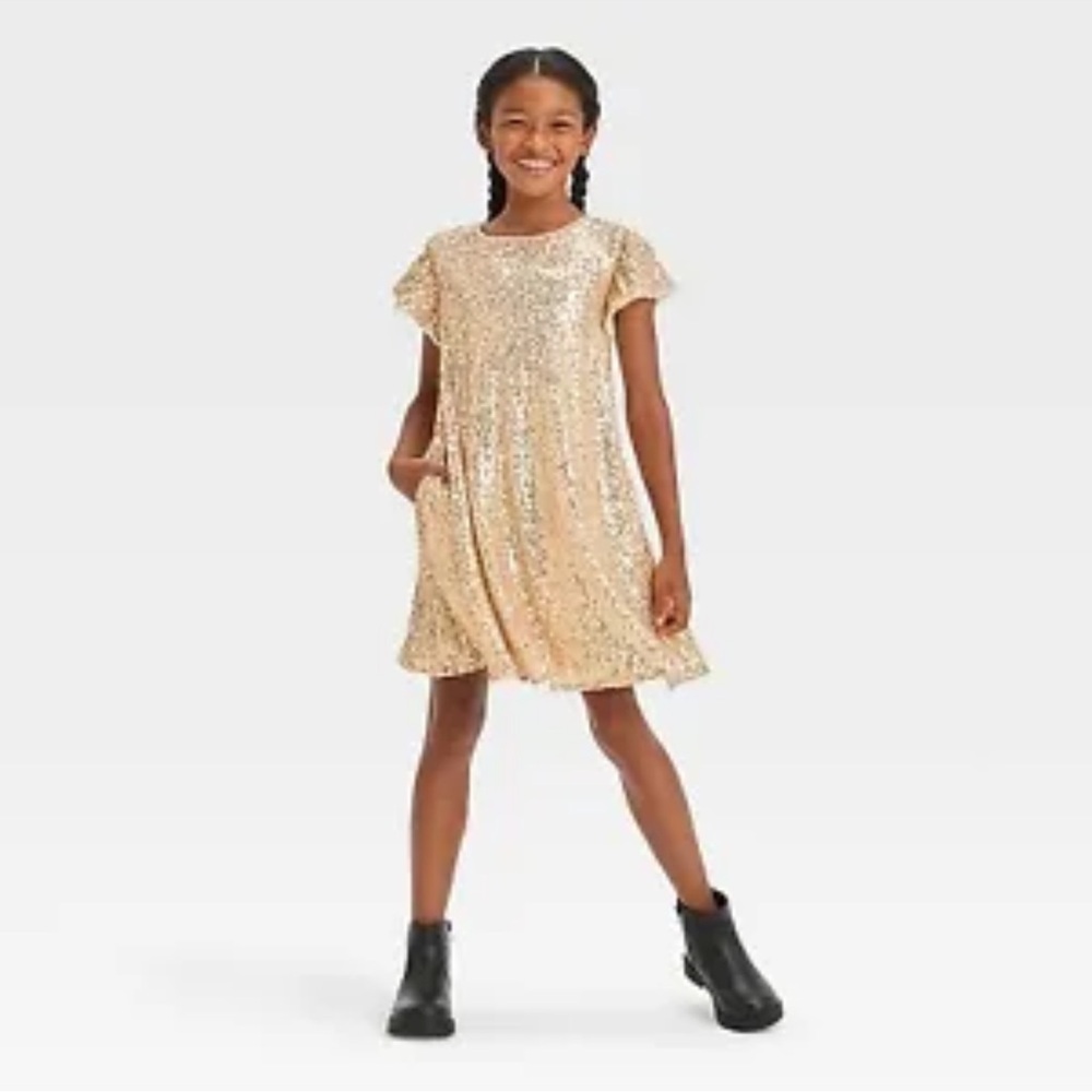 Cat & Jack Girls' Short Sleeve Sequin A-Line Dress - Gold, S (6/7)